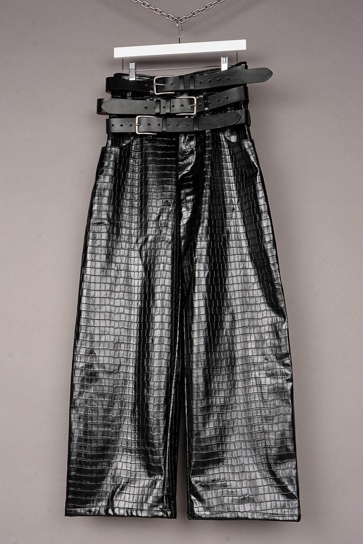 VEGAN LEATHER CROC TRIPLE BELT PANTS