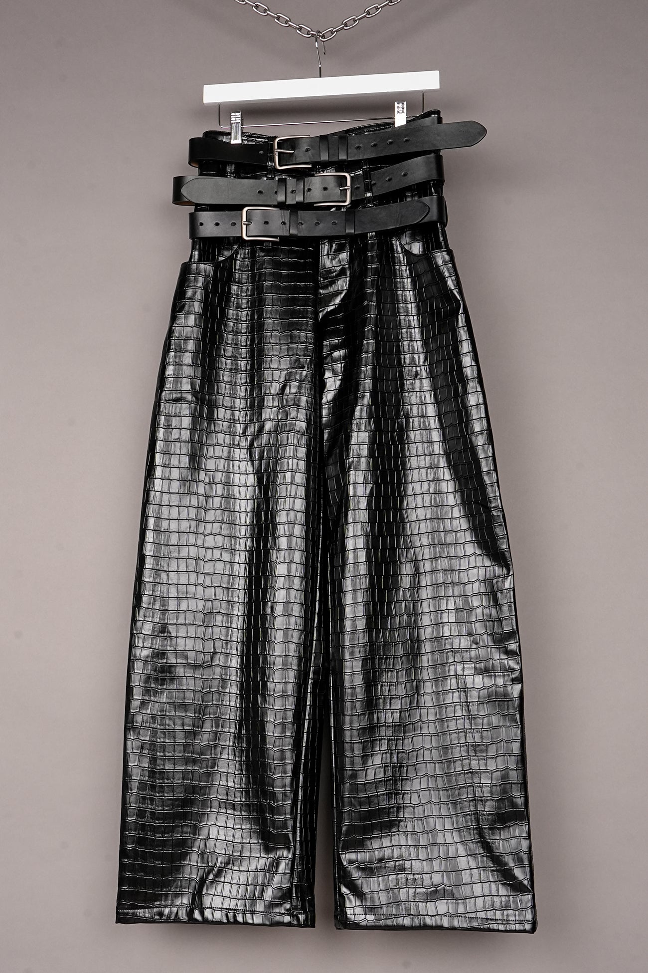 VEGAN LEATHER CROC TRIPLE BELT PANTS