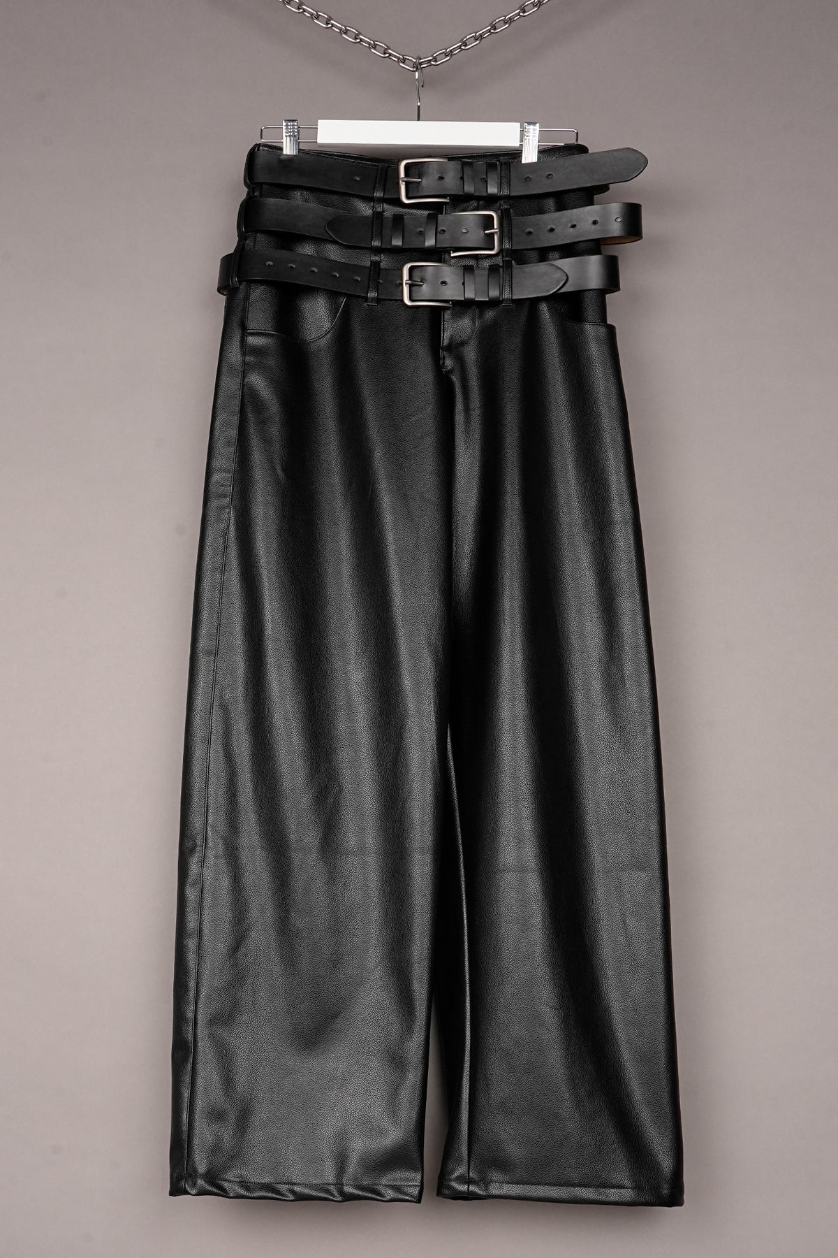 TRIPLE BELT VEGAN LEATHER BAGGY PANTS