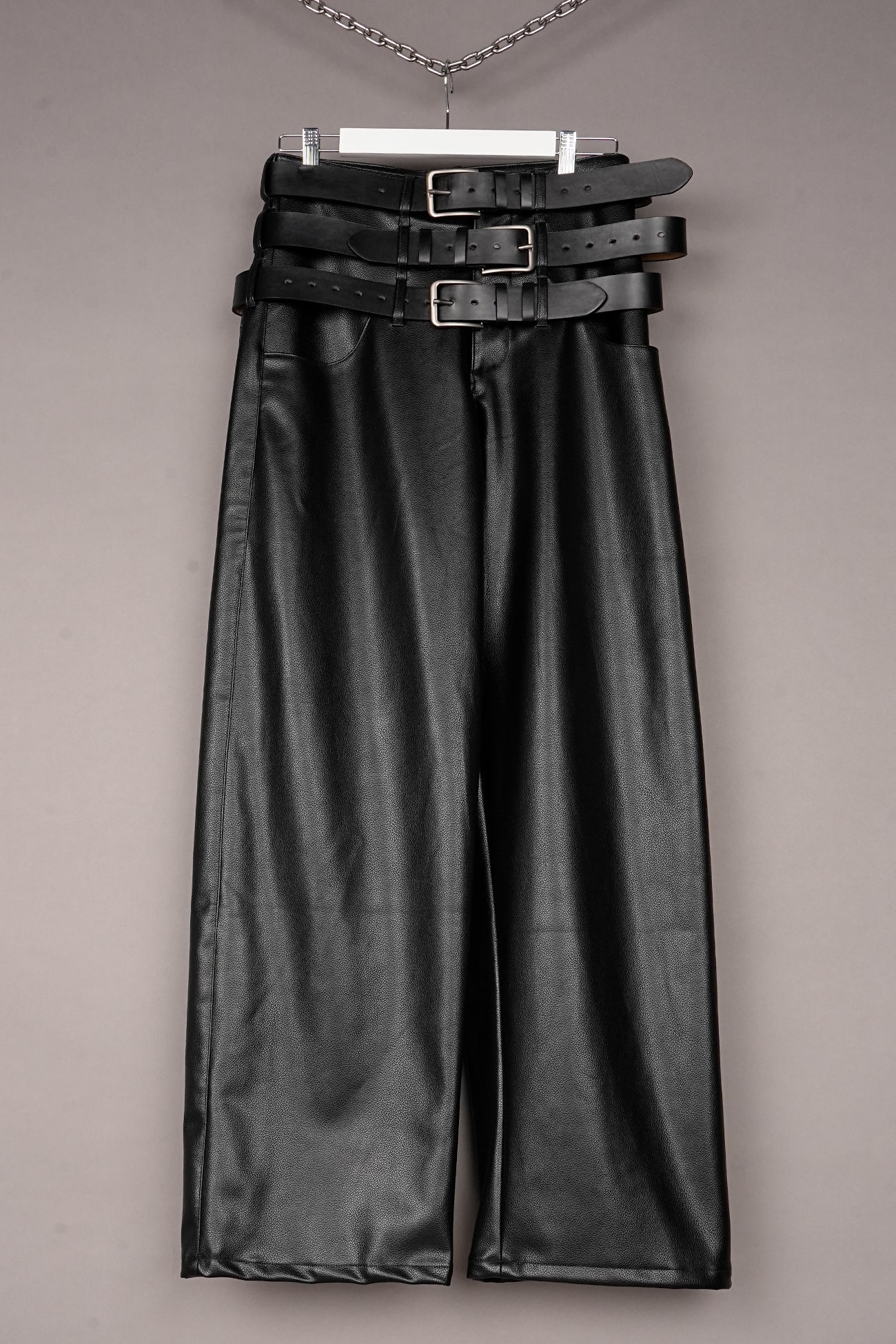 TRIPLE BELT VEGAN LEATHER BAGGY PANTS