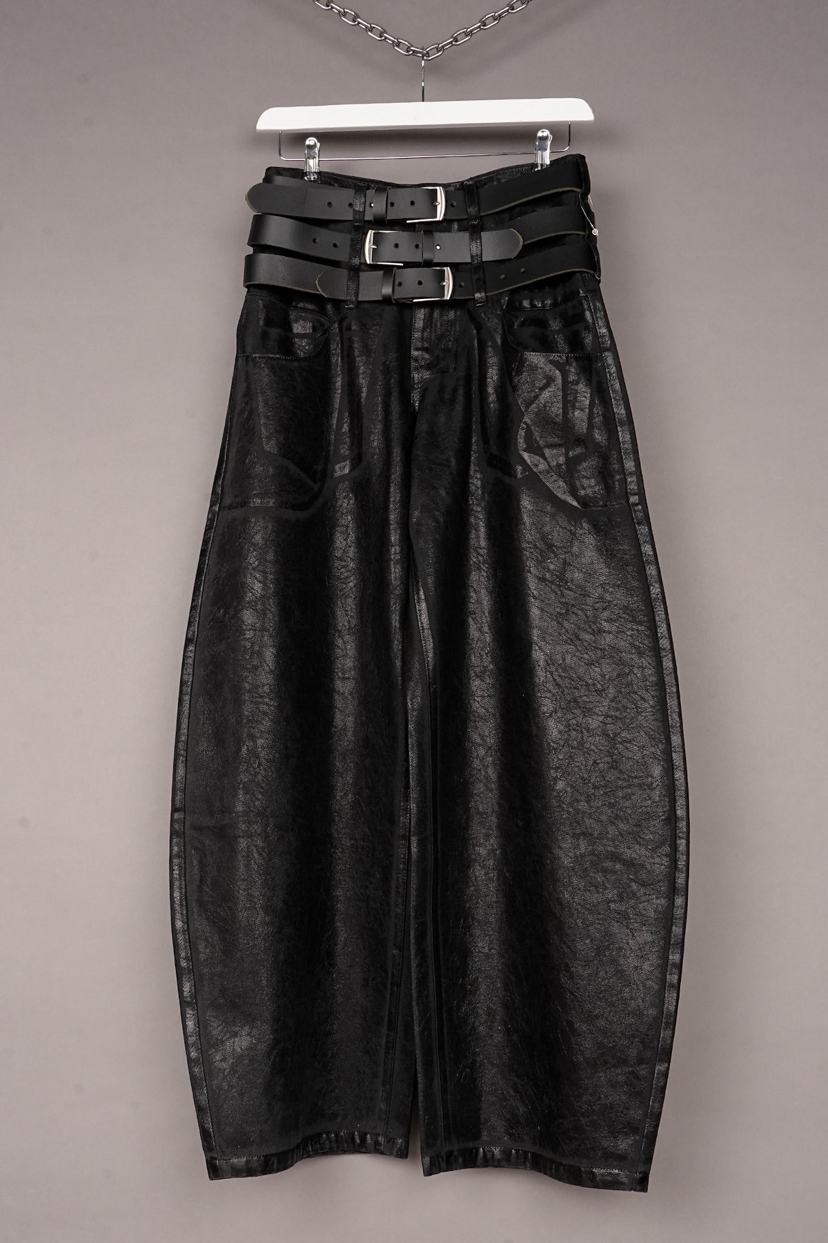 COATED DENIM TRIPLE BELT PANTS - ONE OFF