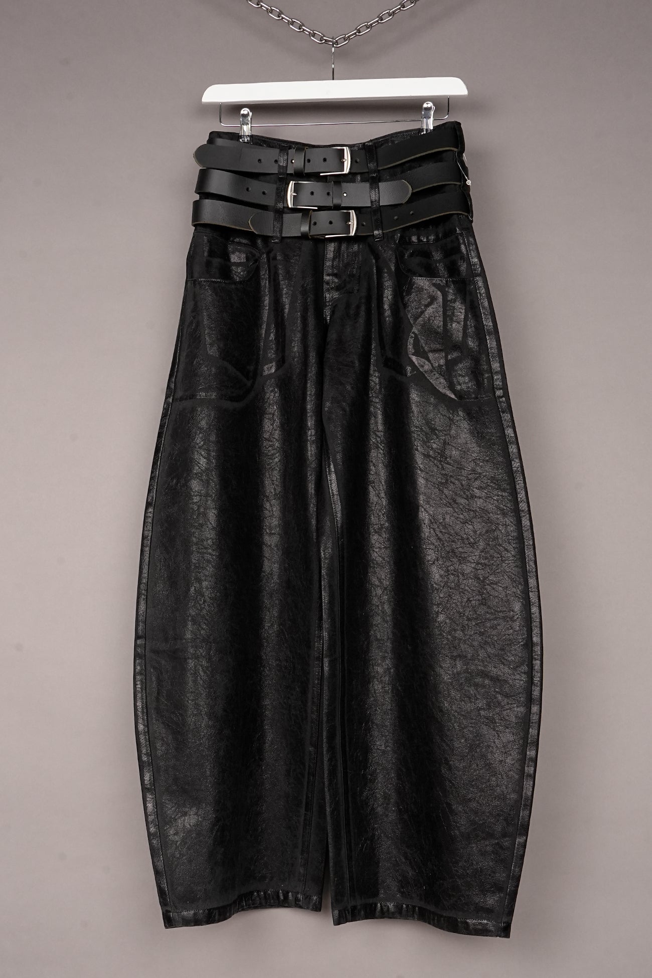COATED DENIM TRIPLE BELT PANTS - ONE OFF