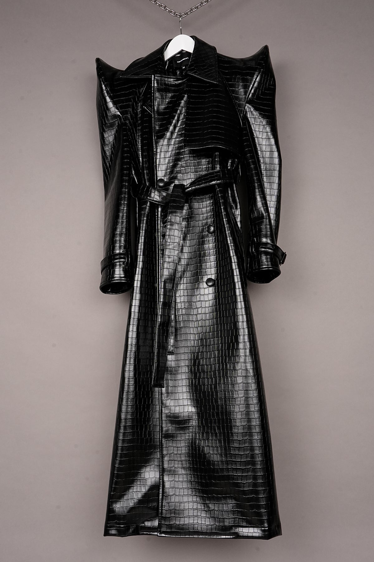 VEGAN LEATHER BLACK CROC DOOMSDAY TRENCH COAT - ONE OFF