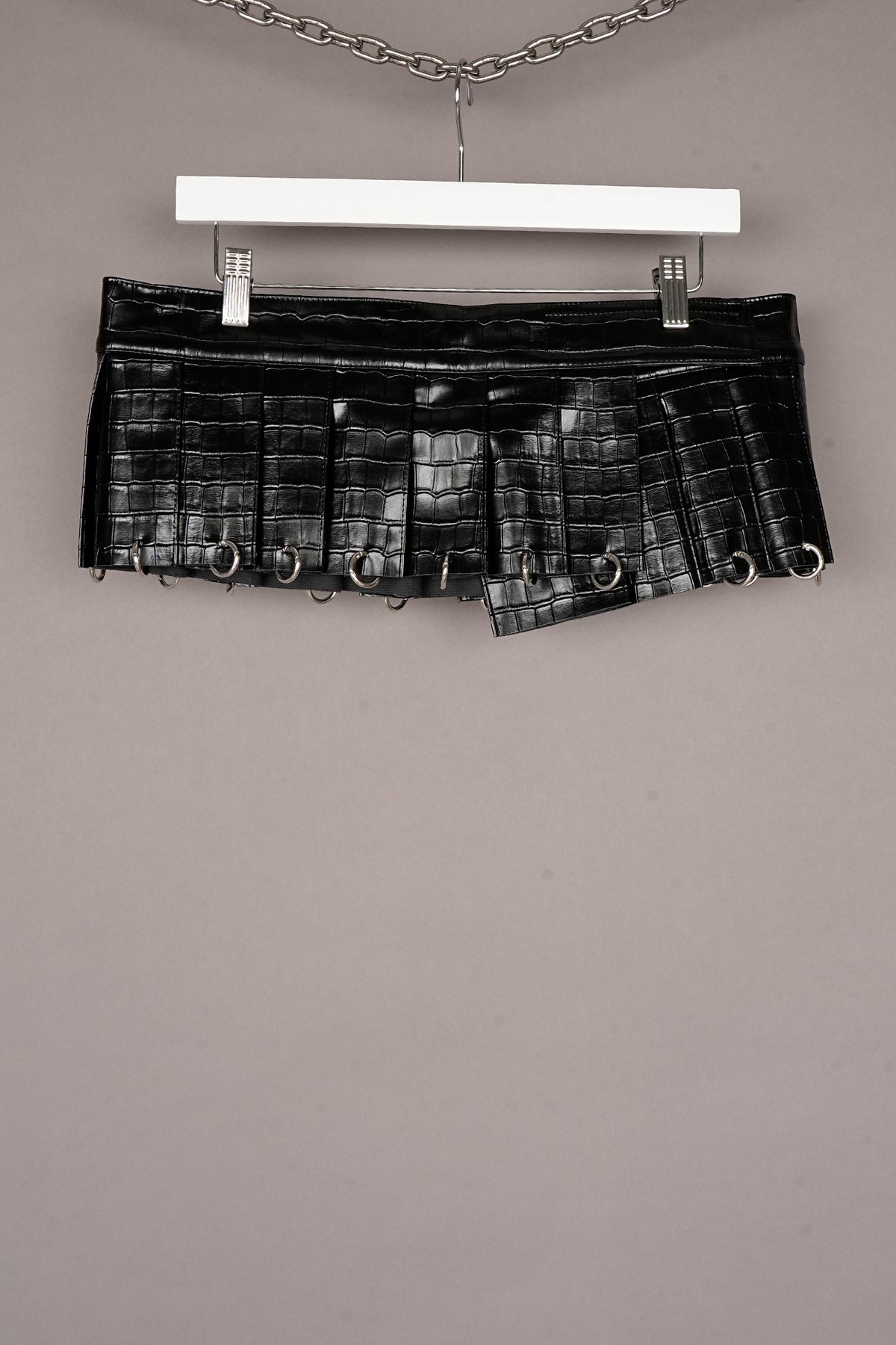 VEGAN LEATHER BLACK CROC LEATHER MINI SKIRT WITH RINGS