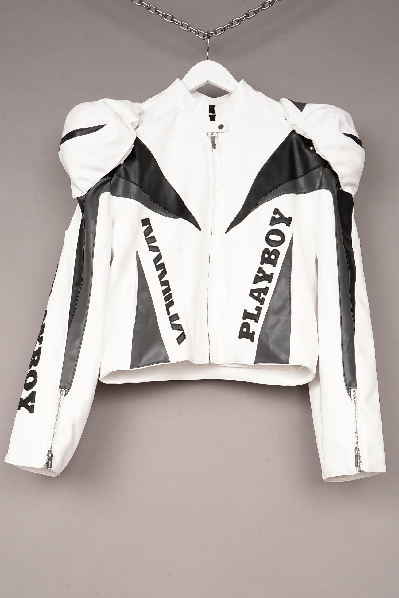 WHITE PLAYBOY MOTO JACKET WITH DETACHABLE SHOULDERS - ONE OFF