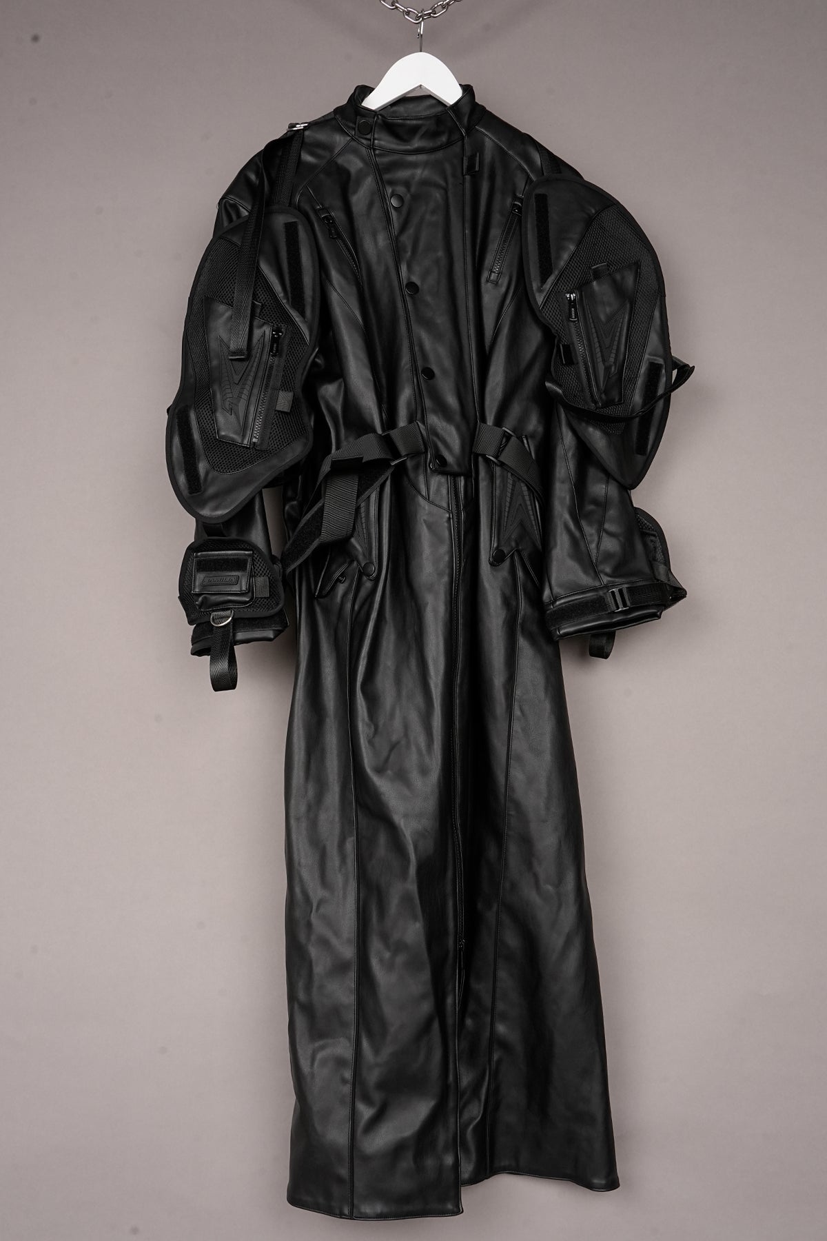 BLACK VEGAN LEATHER STRAP COAT - ONE OFF