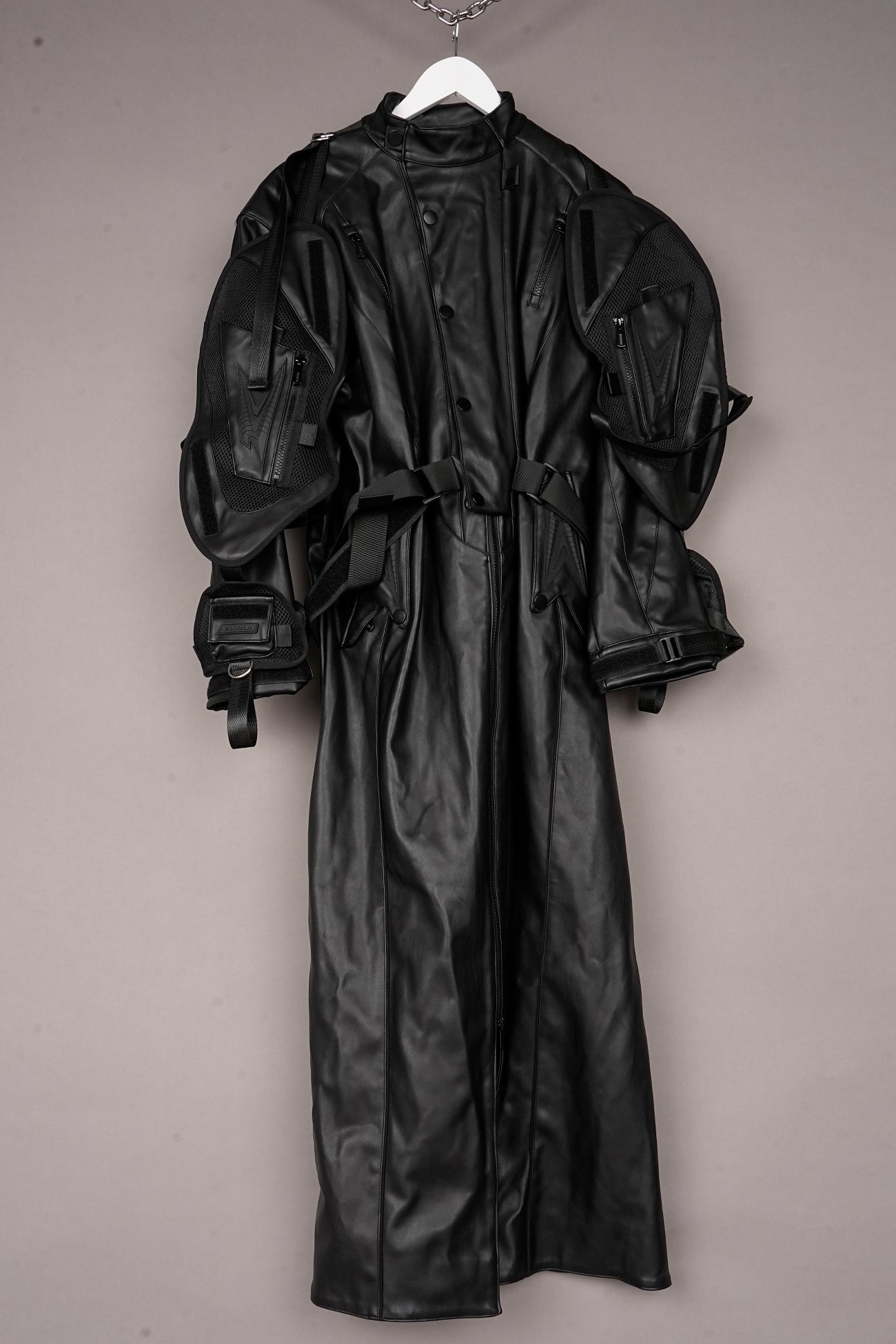 BLACK VEGAN LEATHER STRAP COAT - ONE OFF