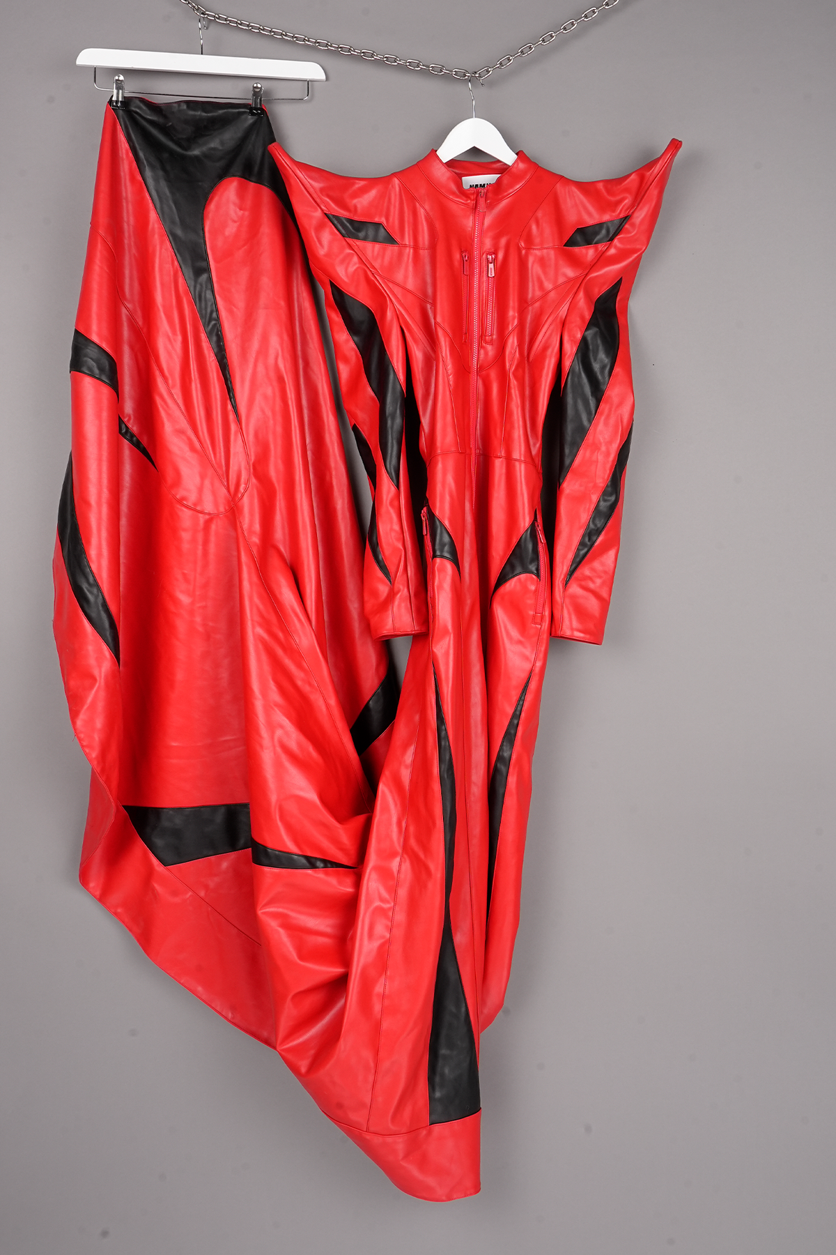RED SPIKED LONG MOTO COAT