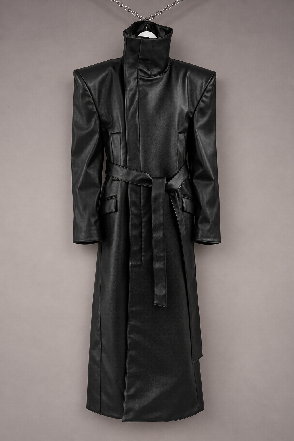 HIGH COLLAR VEGAN LEATHER COAT