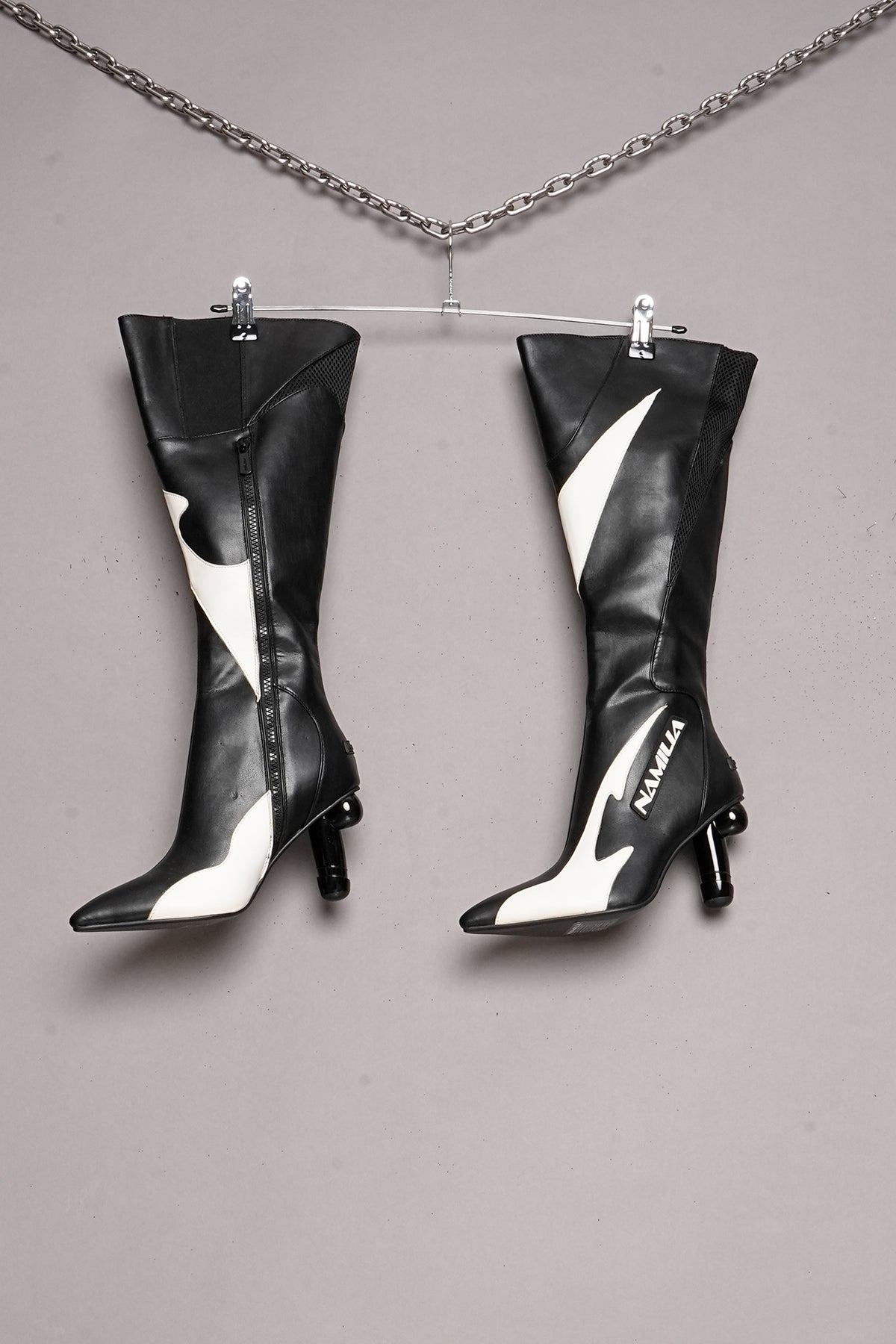 DICK HEEL MOTO BOOTS - BLACK AND WHITE