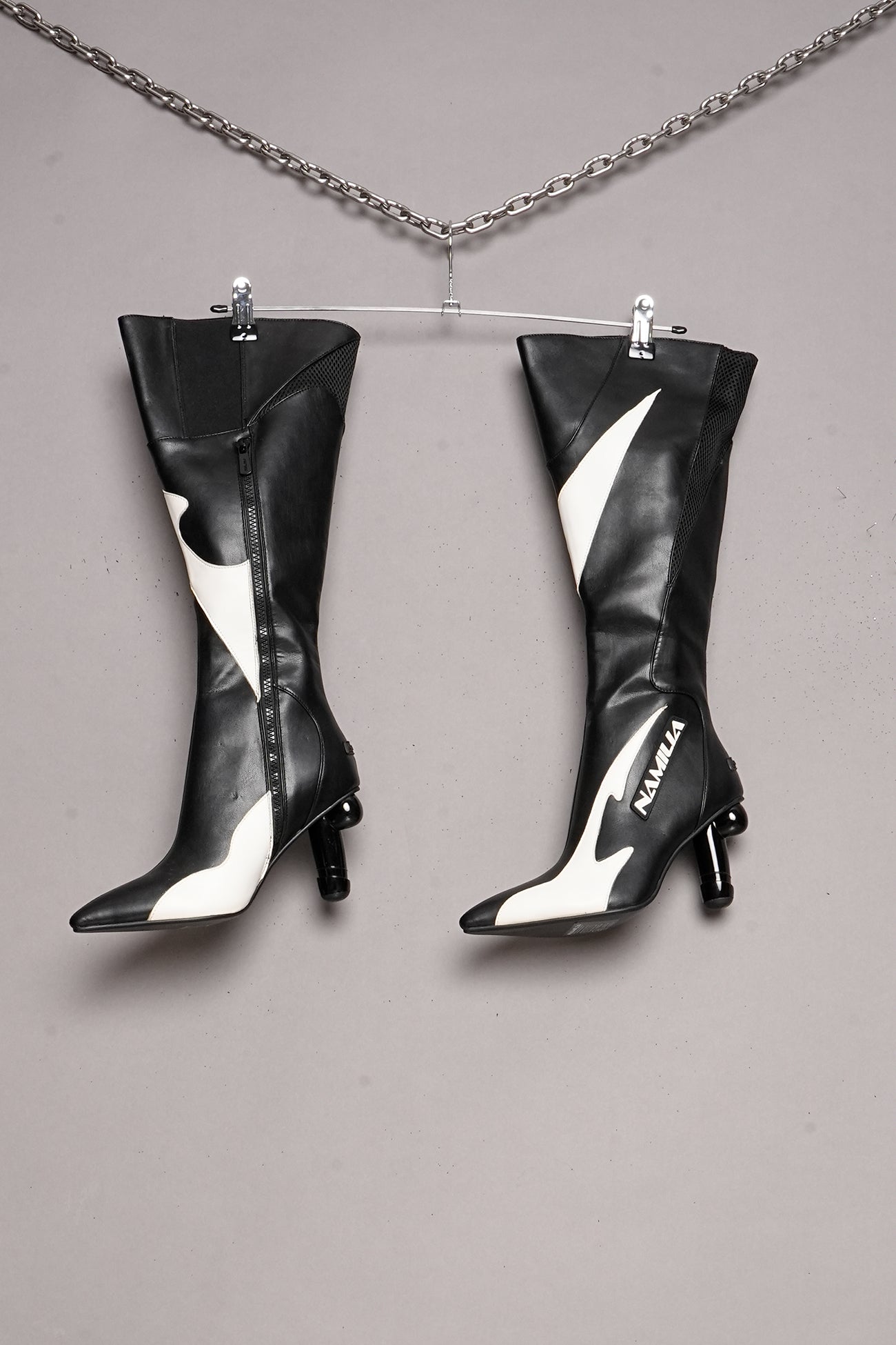 DICK HEEL MOTO BOOTS - BLACK AND WHITE