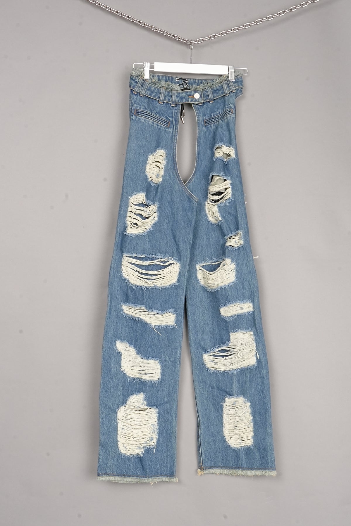 DISTRESSED DENIM CHAPS