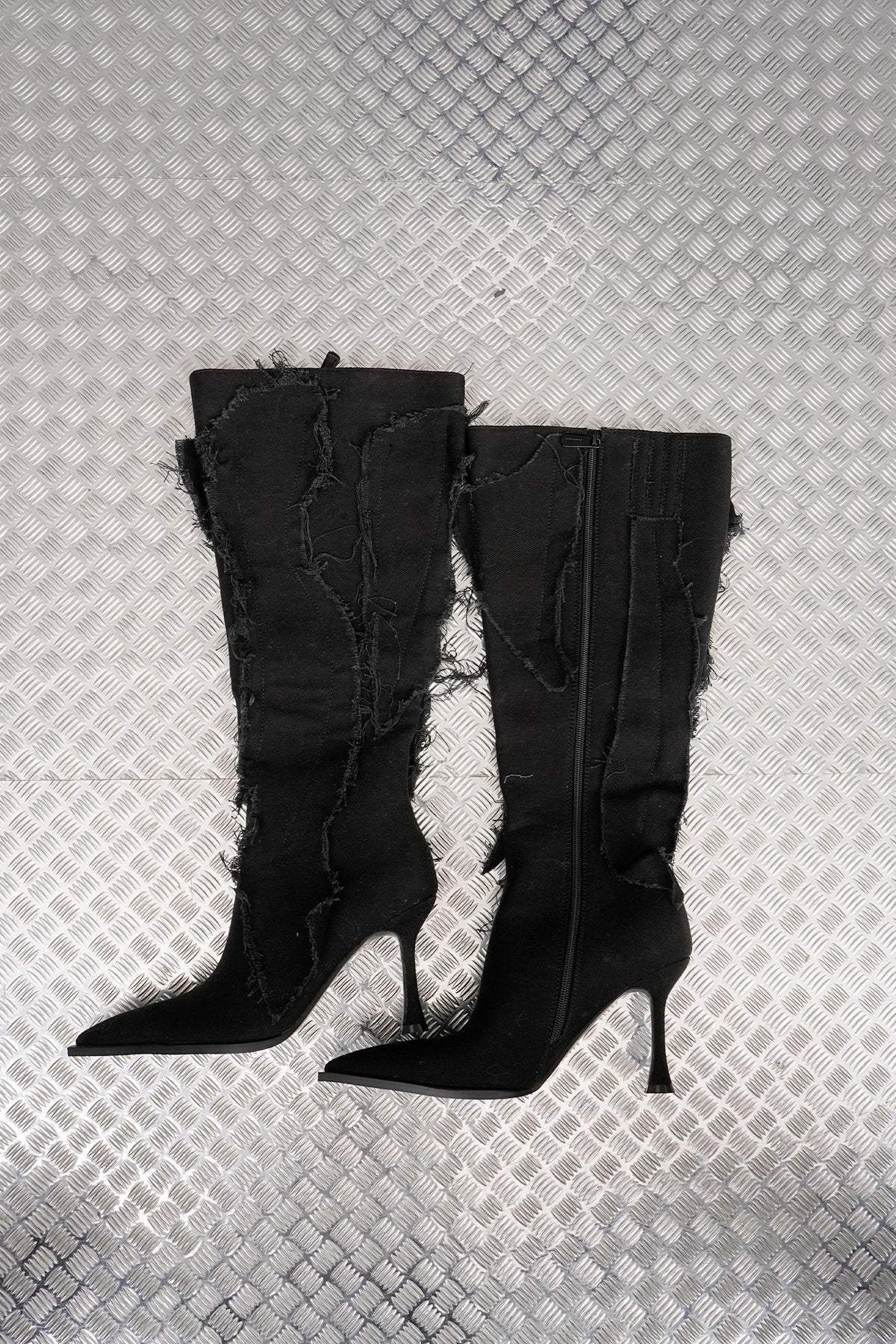 DISTRESSED DENIM BOOTS - ONE OFF