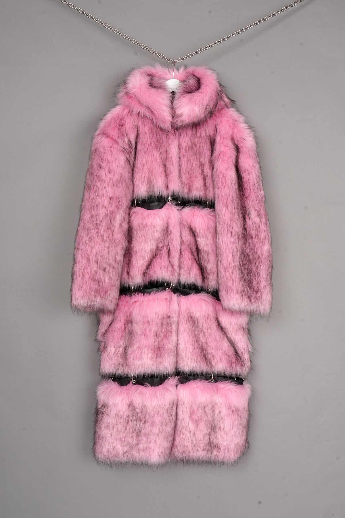 detachable FAUX FUR COAT WITH openable METAL RINGS PINK