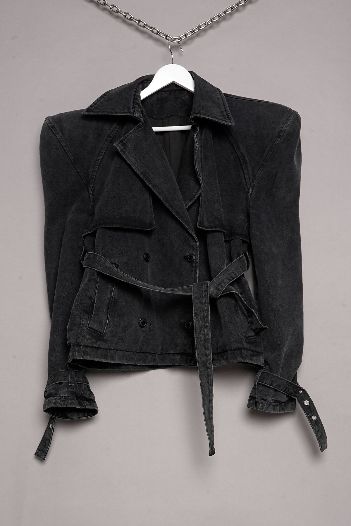 POWER SHOULDER WASHED DENIM CROPPED TRENCH