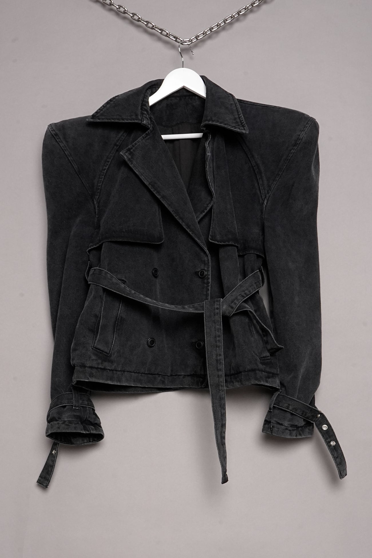 POWER SHOULDER WASHED DENIM CROPPED TRENCH