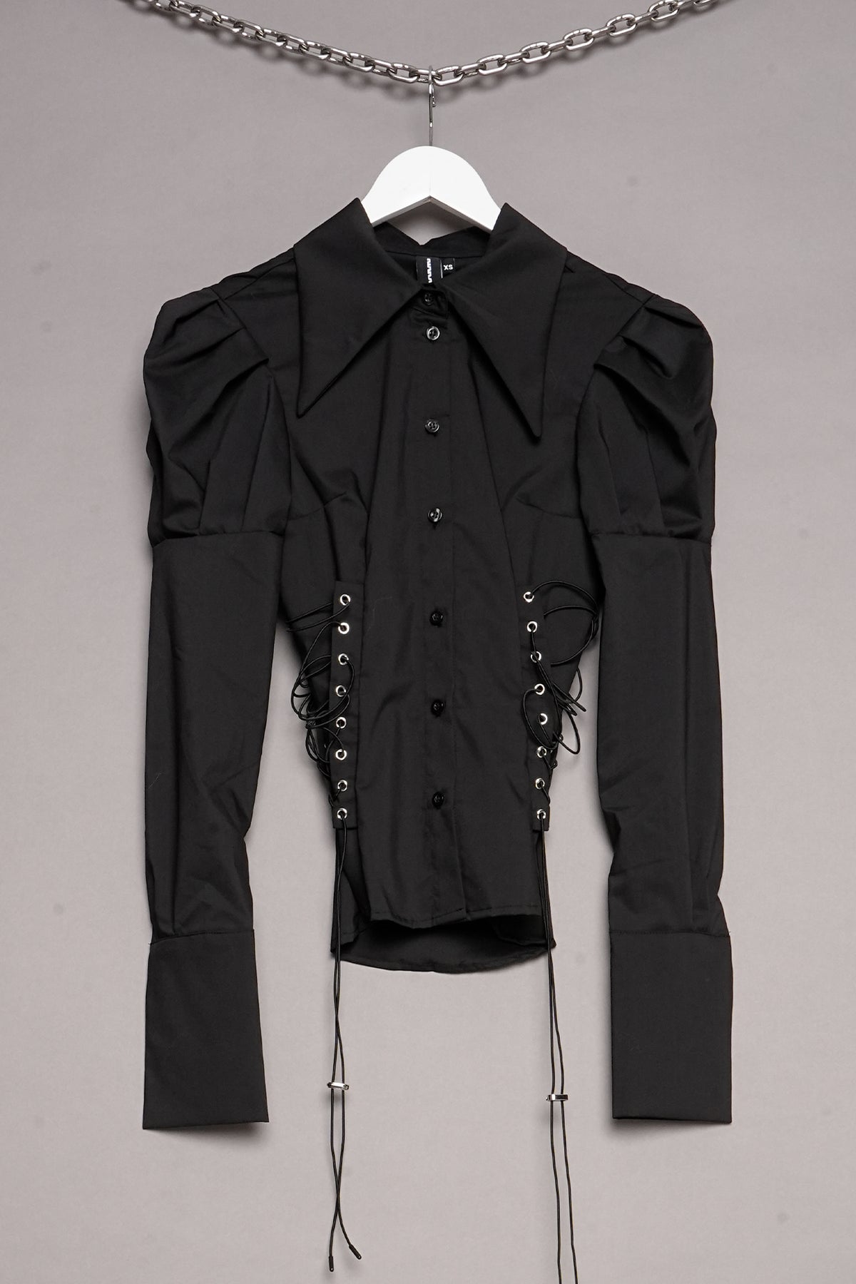 PUFF SLEEVE CORSETED BLOUSE - BLACK